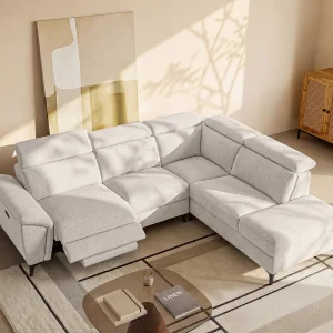 Rechterhoekbank met elektrische relaxfunctie in gespikkeld beige stof CADILO
