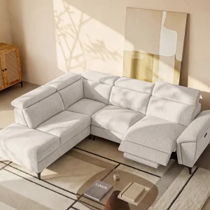 Hoekbank links met elektrische relaxfunctie in gespikkeld beige stof CADILO