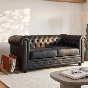 Tweezitsbank van zwart buffelleer CHESTERFIELD Tweezitsbank van zwart buffelleer CHESTERFIELD