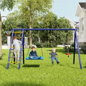 Buiten speeltoestel – 3 schommels + klimstructuur + basketbalring – Hangschommels – Blauw Buiten speeltoestel – 3 schommels + klimstructuur + basketbalring – Hangschommels – Blauw