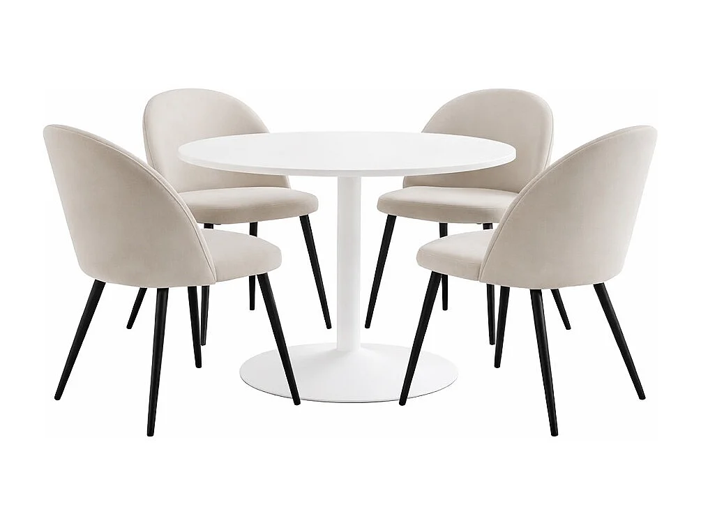 Carry eethoek tafel Ø110cm, 4 stoelen velours beige.