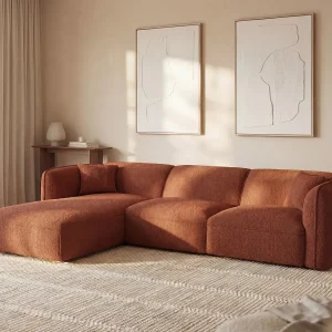 Hoekbank met hoek links van terracottakleurige stof CAMILIO van Maison Céphy