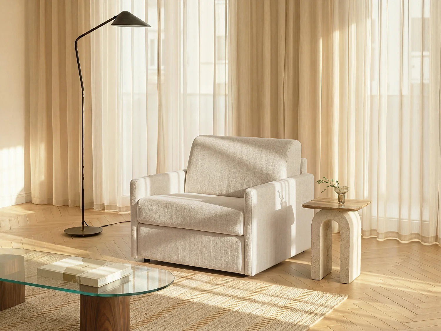 Express omvormbare fauteuil in beige stof - Slaapgedeelte 100 cm - Matras 14 cm - CALIFE