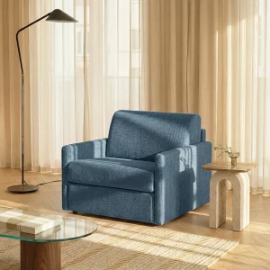 Express slaapfauteuil in blauwe stof – Slaapgedeelte 100 cm – Matras 14 cm – CALIFE Express slaapfauteuil in blauwe stof – Slaapgedeelte 100 cm – Matras 14 cm – CALIFE