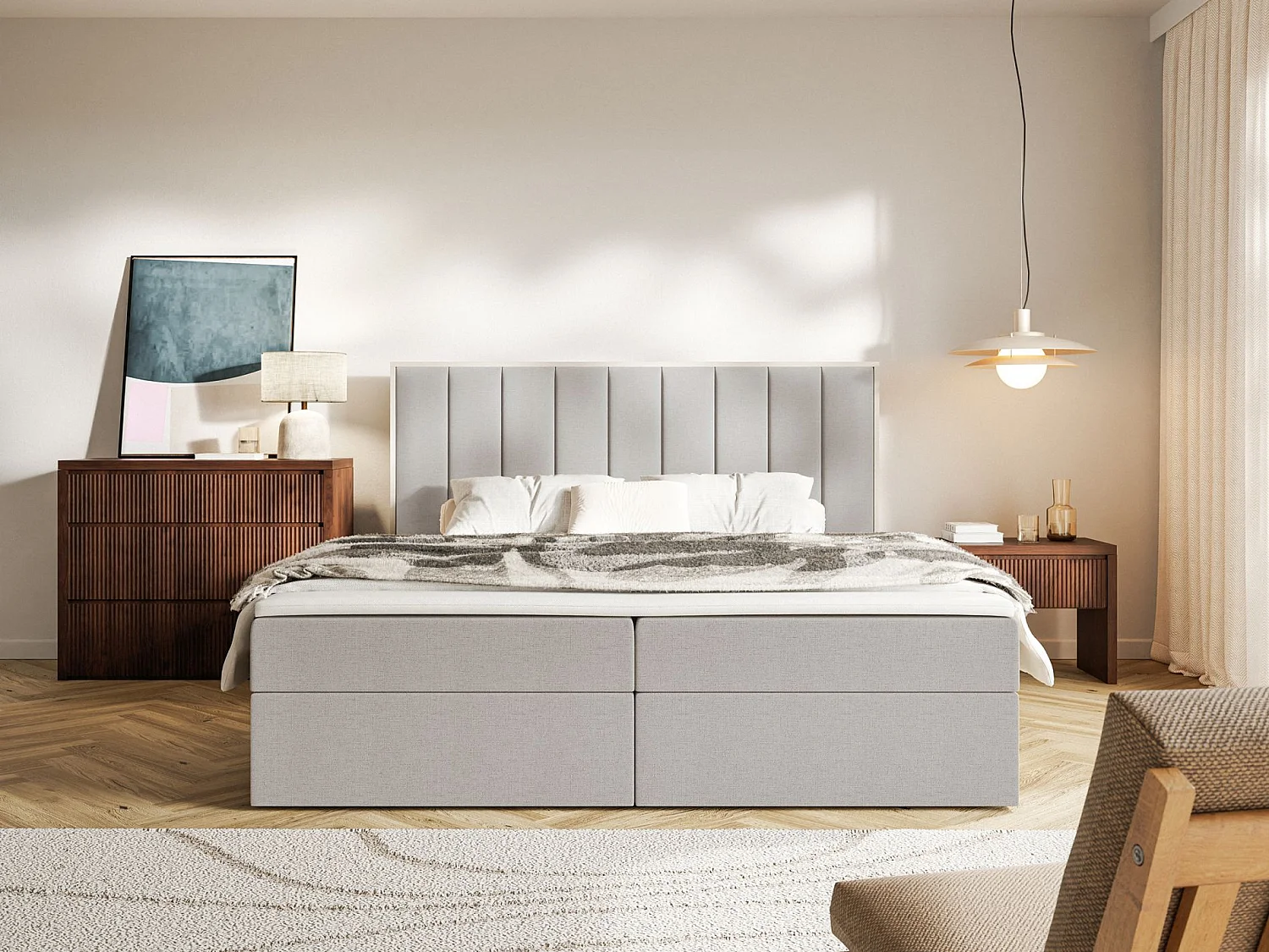 Boxspringbed 140x200 – opbergruimte en topper – hydrofobe chenille – grijsbeige – TOGENTS