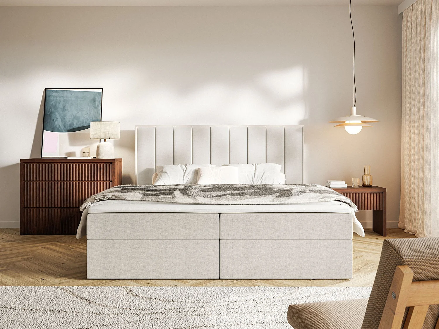 Boxspringbed 160x200 – opbergruimte en topper – hydrofobe chenille – lichtbeige – TOGENTS