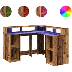 Bureau met LED-verlichting 130x130x91 cm bewerkt hout oud hout Bureau met LED-verlichting 130x130x91 cm bewerkt hout oud hout