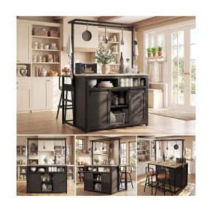 Centraal eiland met werkblad – 107 x 62 x 183 cm – met plank + schuifdeuren – MDF + metaal – zwart Centraal eiland met werkblad – 107 x 62 x 183 cm – met plank + schuifdeuren – MDF + metaal – zwart