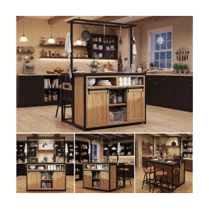 Centraal eiland met werkblad – 107 x 62 x 183 cm – met plank + schuifdeuren – MDF + metaal – naturel Centraal eiland met werkblad – 107 x 62 x 183 cm – met plank + schuifdeuren – MDF + metaal – naturel
