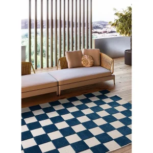 Buitentapijt – geometrisch met reliëf – blauwblauw / wit – 160×230 cm – CUADROS