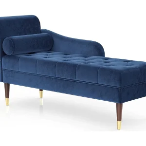 Chaise Longue van fluweelstof, relaxfauteuil met armleuningen en cilindrisch lendenkussen voor woonkamer, appartement, kleine ruimte – Blauw Chaise Longue van fluweelstof, relaxfauteuil met armleuningen en cilindrisch lendenkussen voor woonkamer, appartement, kleine ruimte – Blauw