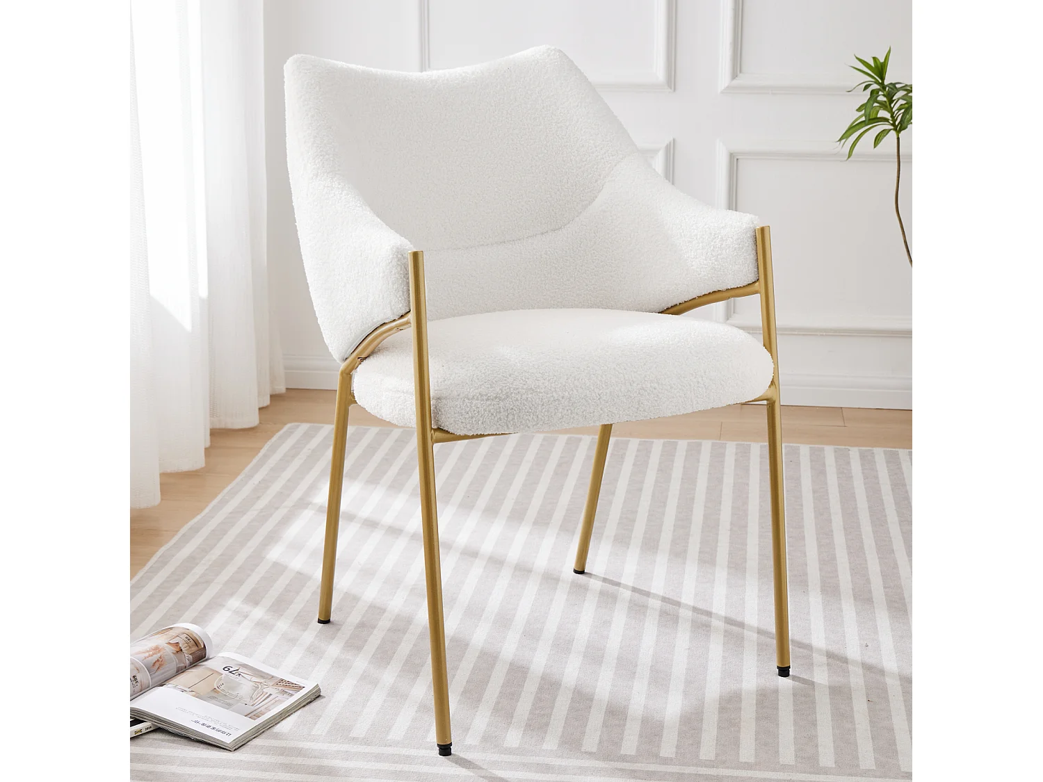 1 eetkamerstoel, met armleuningen, lamsbontstof, dik zitkussen, 52,5 x 48 x 83,7 cm beige