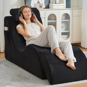 Chaise Longge in Katoenen Corduroy – Ergonomisch Comfort – 2-in-1 Verwijderbare Zitzak – Draagt 200 kg – Perfect voor Woonkamer & Kantoor