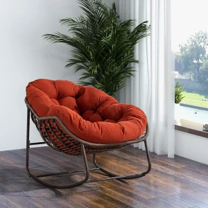 Buiten Rotan Schommelstoel, Schommelstoel met Gevoerd Kussen Buiten Patio Tuin Veranda Woonkamer Oranje Buiten Rotan Schommelstoel, Schommelstoel met Gevoerd Kussen Buiten Patio Tuin Veranda Woonkamer Oranje