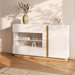 Buffetkast MURARI – 3 deuren – met ledverlichting – Hoogglans wit en eiken  – Koop nu