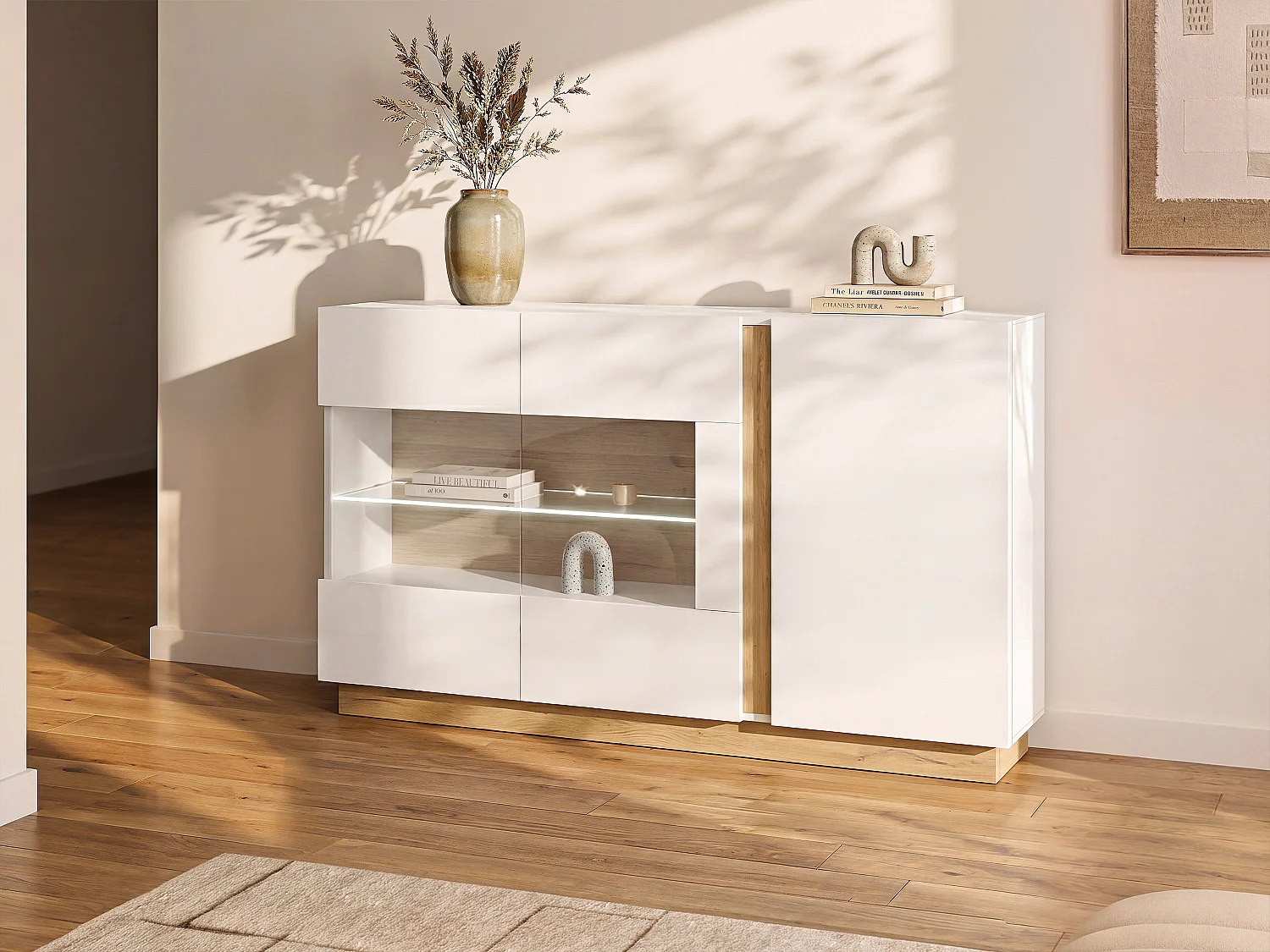 Buffetkast MURARI - 3 deuren - met ledverlichting - Hoogglans wit en eiken - Koop nu