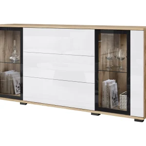 Dressoir 150 cm voor woonkamer – moderne vitrinekast met glas en lades corpus eik wotan mat en fronten wit hoogglans