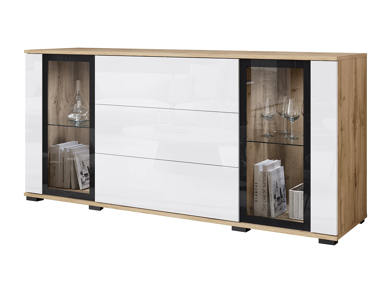 Dressoir 150 cm voor woonkamer – moderne vitrinekast met glas en lades corpus eik wotan mat en fronten wit hoogglans
