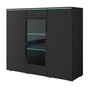 Moderne hoge vitrinekast 120 cm voor woonkamer 3 deuren zwart grafiet mat Moderne hoge vitrinekast 120 cm voor woonkamer 3 deuren zwart grafiet mat