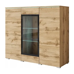 Moderne hoge vitrinekast 120 cm voor woonkamer 3 deuren eik wotan mat Moderne hoge vitrinekast 120 cm voor woonkamer 3 deuren eik wotan mat
