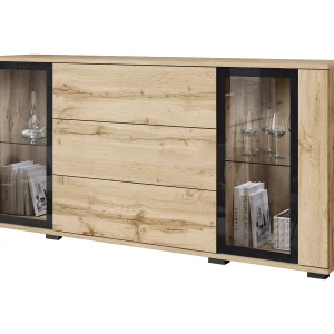 Dressoir 150 cm voor woonkamer – moderne vitrinekast met glas en lades eik wotan mat