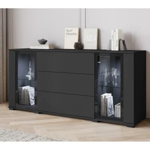 Dressoir 150 cm voor woonkamer – moderne vitrinekast met glas en lades zwart mat
