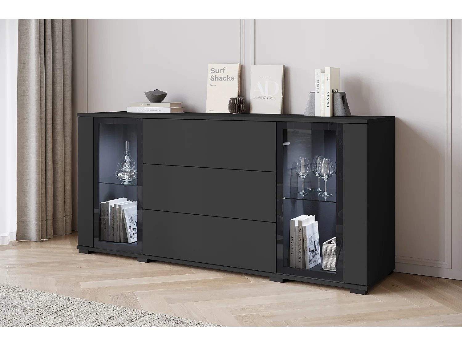 Dressoir 150 cm voor woonkamer – moderne vitrinekast met glas en lades zwart mat