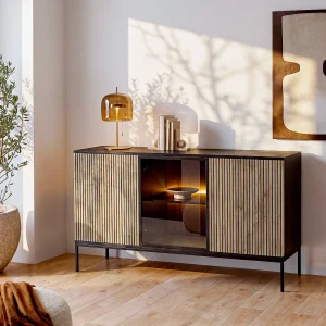 Buffetkast met 3 deurtjes met ledverlichting van mdf en gerookt glas – Zwart en naturel – OVILA Buffetkast met 3 deurtjes met ledverlichting van mdf en gerookt glas – Zwart en naturel – OVILA