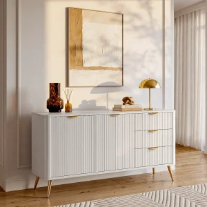 Buffetkast met 2 deuren en 3 lades van mdf – Beige en goudkleurig – ELONARIA van Pascal Morabito Buffetkast met 2 deuren en 3 lades van mdf – Beige en goudkleurig – ELONARIA van Pascal Morabito