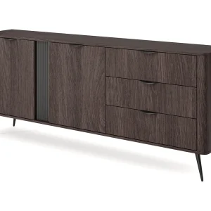 Brede commode 195 cm Estera op poten, 2 deuren, 3 lades – commode voor de woonkamer, donker hout – eik Dunin