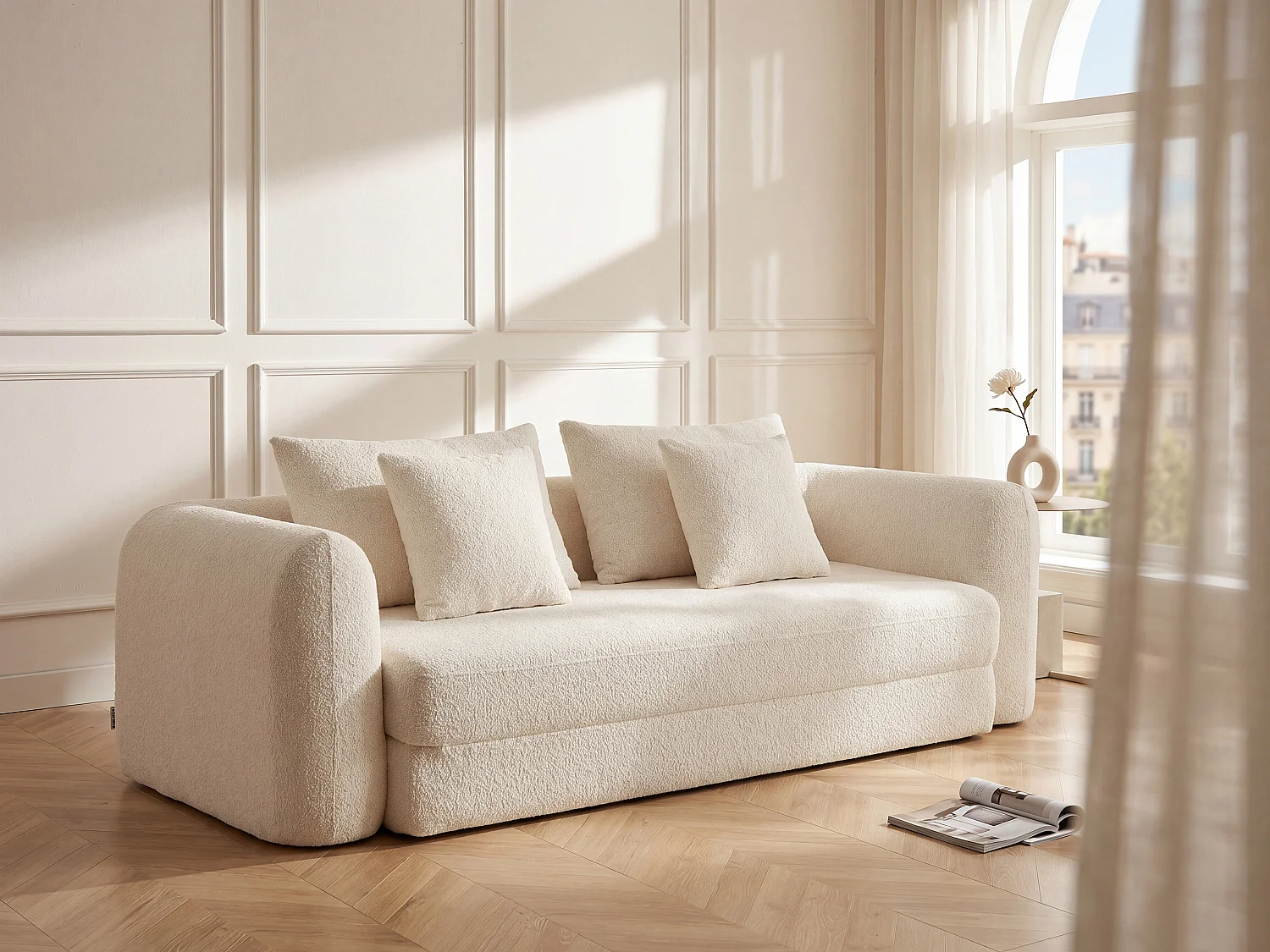 3-zits slaapbank in beige bouclé stof CATONO