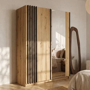 kast met 2 schuifdeuren met spiegel B150 cm kleur naturel en zwart – CALELA kast met 2 schuifdeuren met spiegel B150 cm kleur naturel en zwart – CALELA
