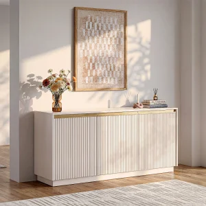 Buffetkast met 3 deuren van mdf – Beige en goudkleurig – POSINIA Buffetkast met 3 deuren van mdf – Beige en goudkleurig – POSINIA