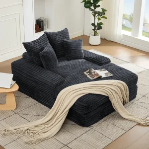 Chaise longue slaapbank met 4 kussens – Grijs corduroy Chaise longue slaapbank met 4 kussens – Grijs corduroy