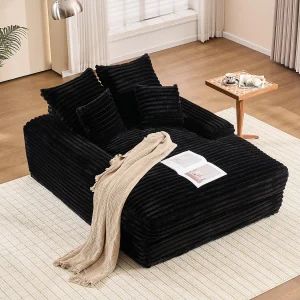 Chaise longue slaapbank met 4 kussens – Zwart corduroy Chaise longue slaapbank met 4 kussens – Zwart corduroy
