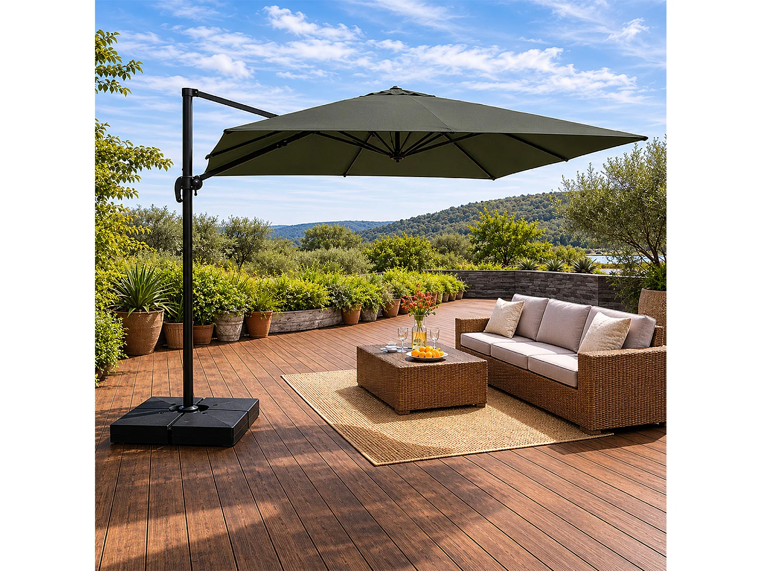 CEZIR 3x4m Rechthoekige Draaibare Offset Groene Aluminium Parasol
