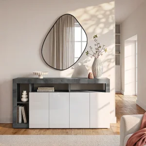 Buffetkast SEFRO – 4 deuren en 4 nissen – Witgelakt en betonkleur – Koop nu online
