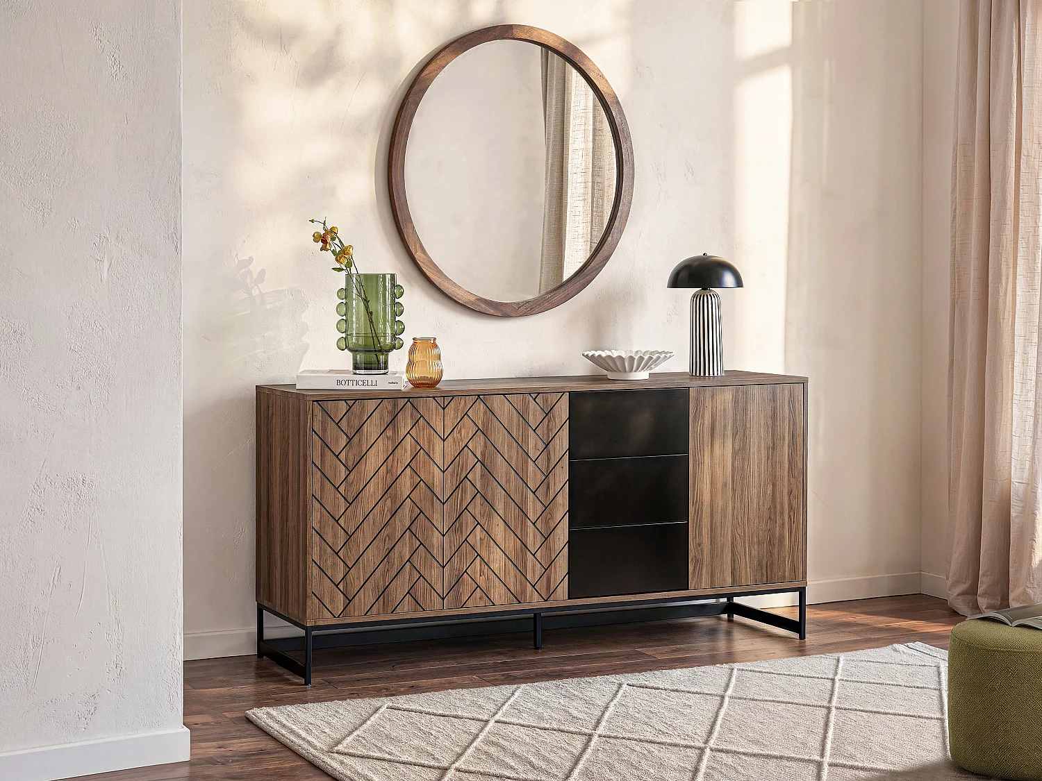 Buffetkast met 3 deuren en 3 laden - Mdf - Naturel en zwart - CARATANA - Koop nu online