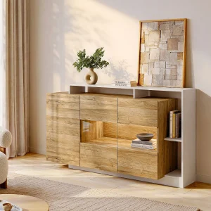 Buffetkast met 3 deuren en 3 nissen – Met ledverlichting – Natuurlijk en wit – Koop nu Buffetkast met 3 deuren en 3 nissen – Met ledverlichting – Natuurlijk en wit – Koop nu