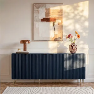 Buffetkast met 4 deurtjes van mdf en staal – Blauw en goudkleurig – YESINIA Buffetkast met 4 deurtjes van mdf en staal – Blauw en goudkleurig – YESINIA