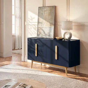 Buffetkast met 4 deurtjes van mdf en hevea – Blauw en licht naturel – DUNELON Buffetkast met 4 deurtjes van mdf en hevea – Blauw en licht naturel – DUNELON