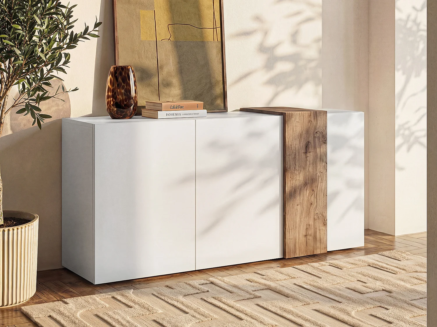Buffetkast met 3 deuren - Wit en licht naturel - CAYNO