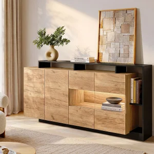 Buffetkast met 4 deuren en 4 nissen met ledverlichting – Licht naturel en antraciet – IDESIA Buffetkast met 4 deuren en 4 nissen met ledverlichting – Licht naturel en antraciet – IDESIA