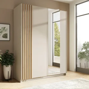kledingkast 2 schuifdeuren met spiegel B150 cm kleur beige en naturel – CALELA kledingkast 2 schuifdeuren met spiegel B150 cm kleur beige en naturel – CALELA