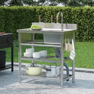 Buiten gootsteen op pootjes van roestvrij staal 80×50 cm – met 2 planken, kraan, messenhouder, haken, hittebestendig matje en afvoerslang – Zilver Buiten gootsteen op pootjes van roestvrij staal 80×50 cm – met 2 planken, kraan, messenhouder, haken, hittebestendig matje en afvoerslang – Zilver