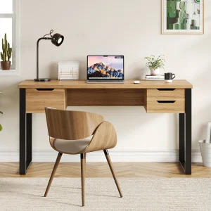 Bureau 130x55x76 cm – 3 opberglades – Blad van melamine – Metalen poten – Kleur natuurlijk hout en zwart Bureau 130x55x76 cm – 3 opberglades – Blad van melamine – Metalen poten – Kleur natuurlijk hout en zwart