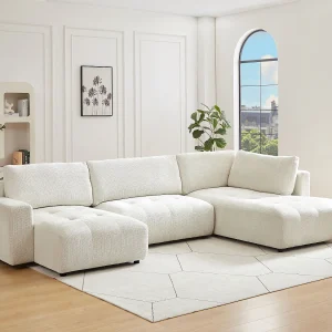 Grote beige panoramische hoekbank links in chenille stof CELARO