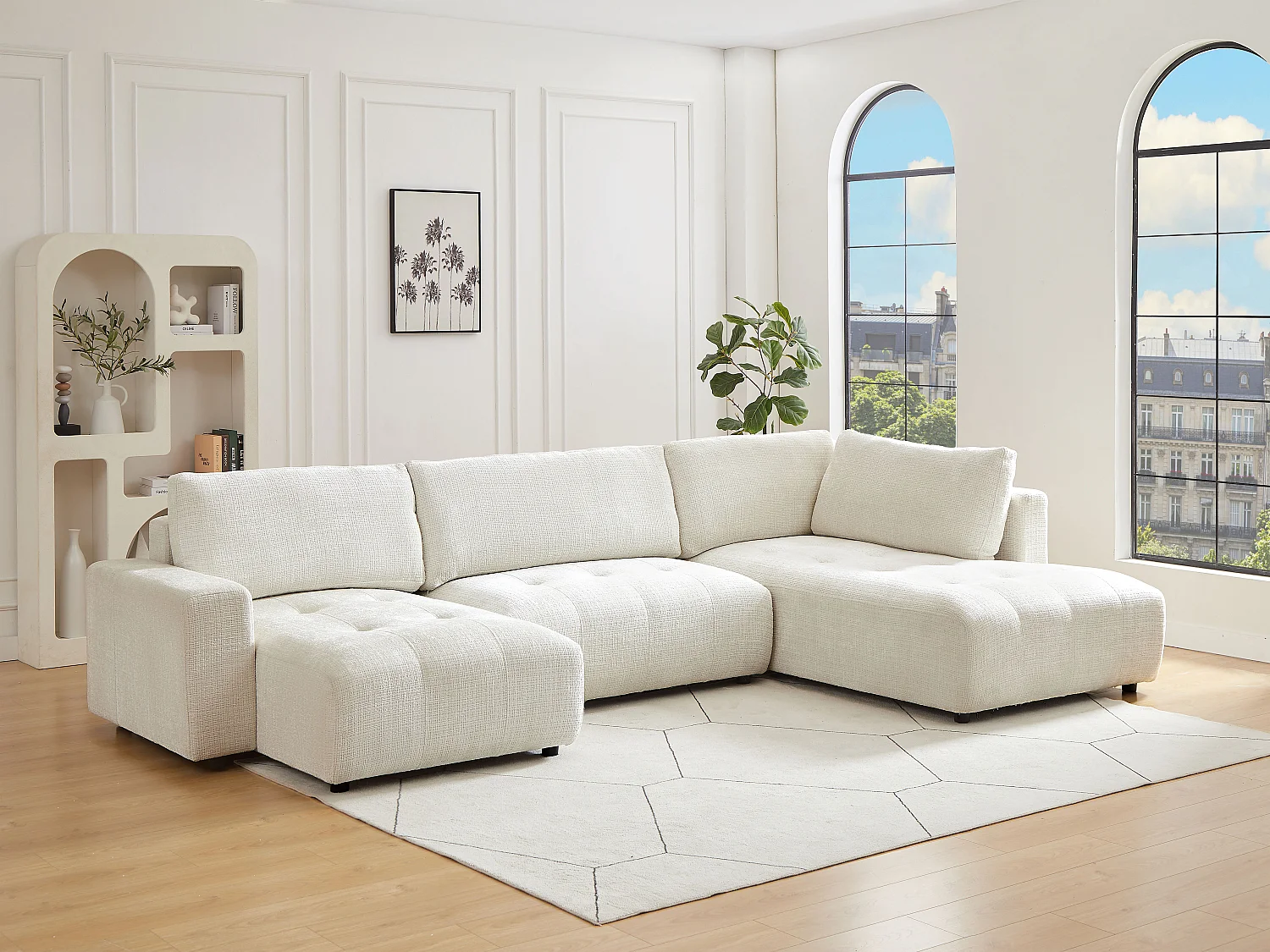 Grote beige panoramische hoekbank links in chenille stof CELARO