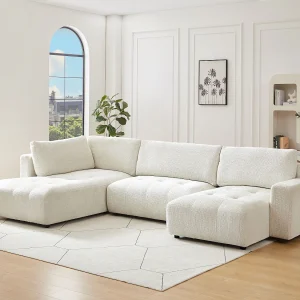 Grote panoramische hoekbank rechts in beige chenille stof CELARO
