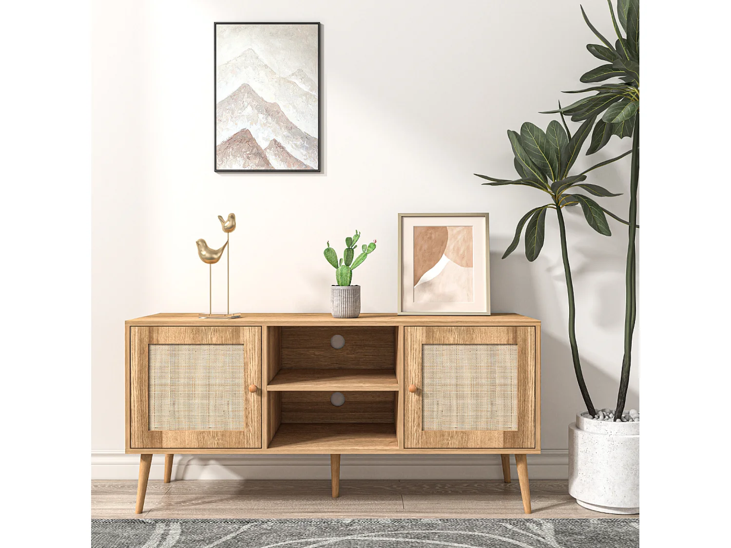 Buffet Cange 120 cm met Deuren in Rieten Effect en 2 Nissen